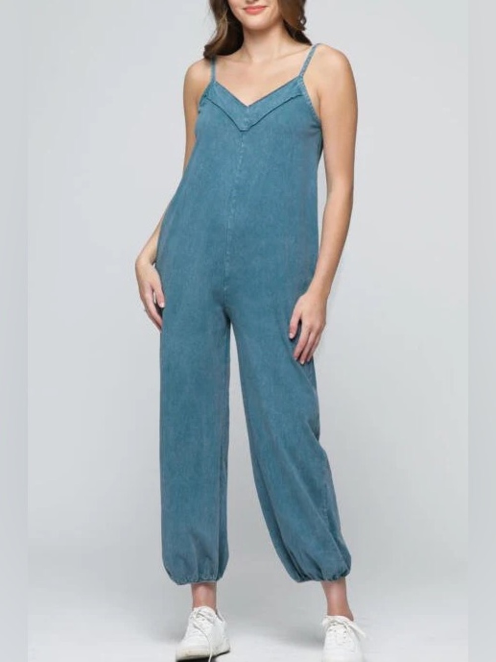 Anna Grace Teal V-Neck Elastic Cuff Jumpsuit